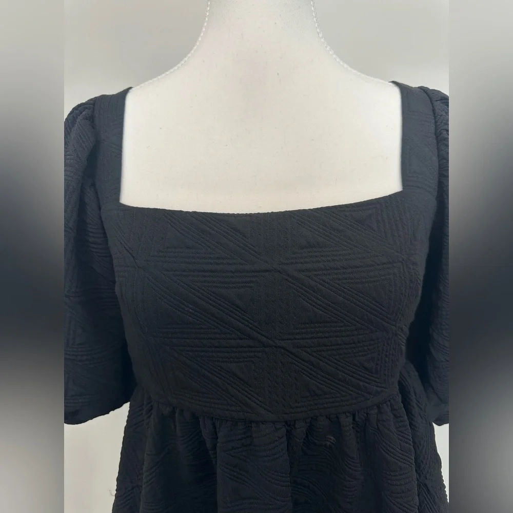 Free People Violet Mini Dress Black Textured Puff Sleeve‎ Babydoll Open Back Bow